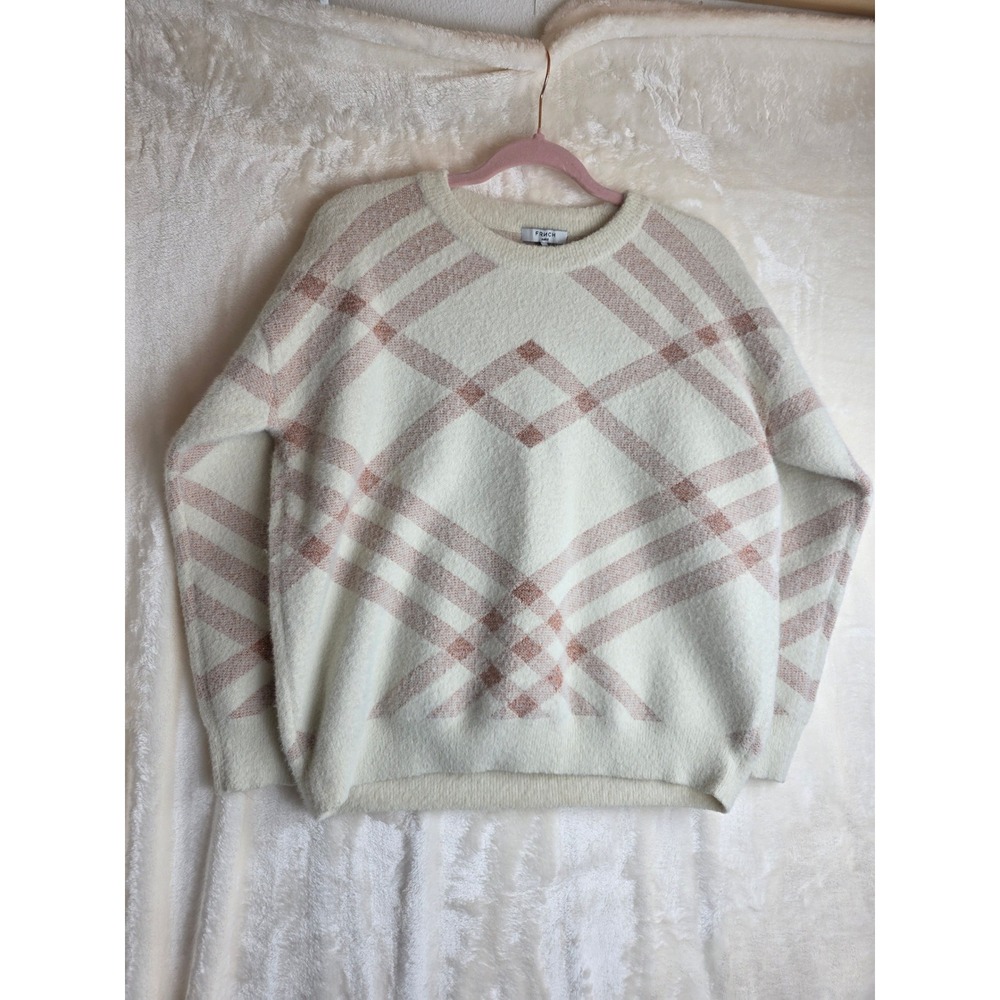 FRNCH Paris Cream Pink‎ Plaid Fuzzy Knit Crewneck Sweater Size S